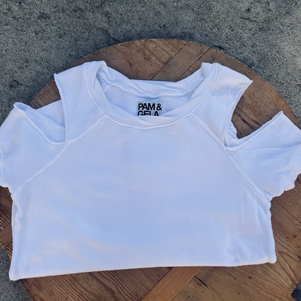 Pam and Gela -Cold Shoulders Cut Out Short Sleeve Sweat Shirt /Tee- White - Picture 3 of 13